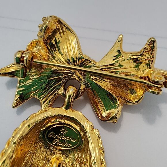 Vtg Christopher Radko Bell and Bow Christmas Brooch Goldtone Enamel Rhinestones - Picture 10 of 12
